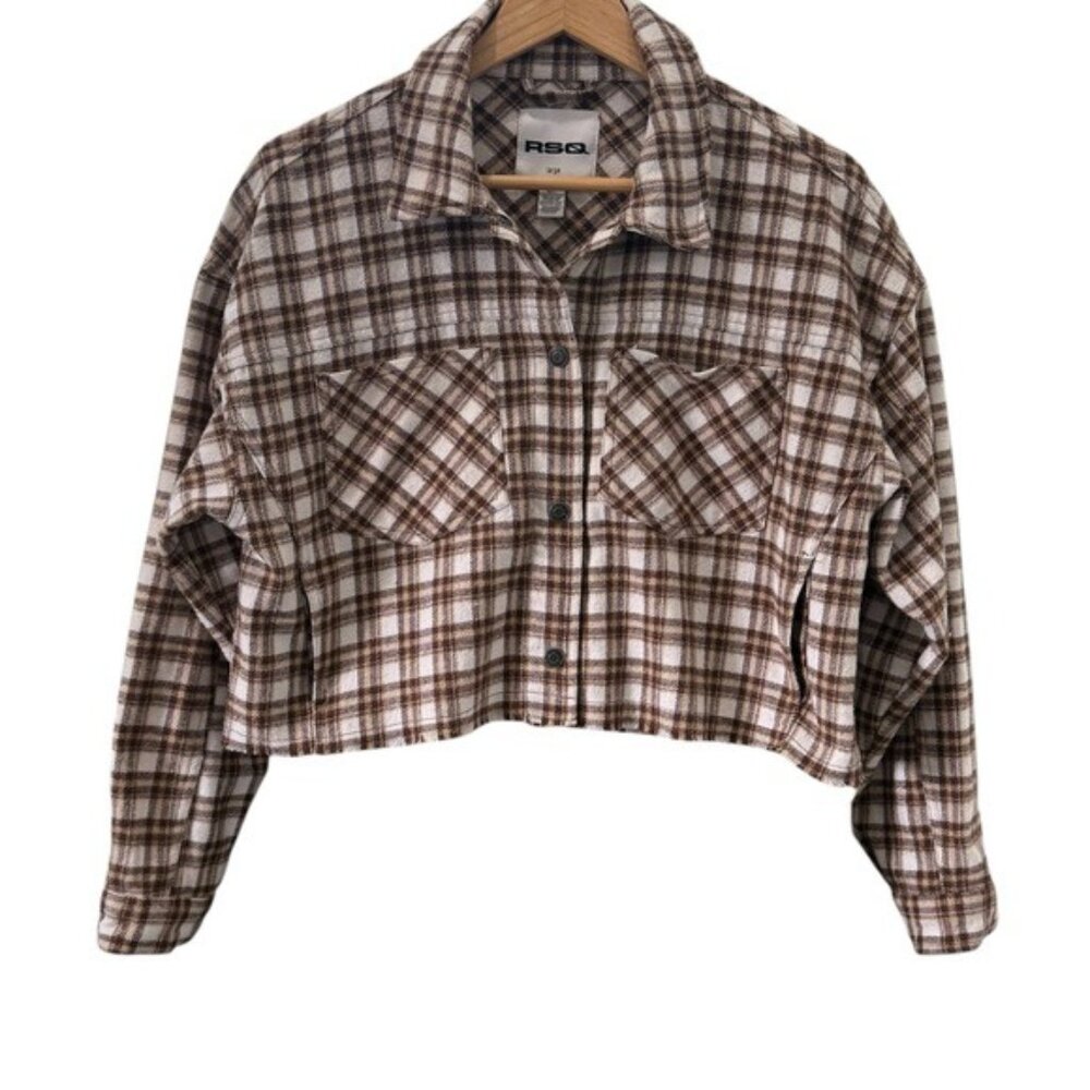 RSQ Brown Plaid Cropped Flannel Jacket Shacket Button Front Size L